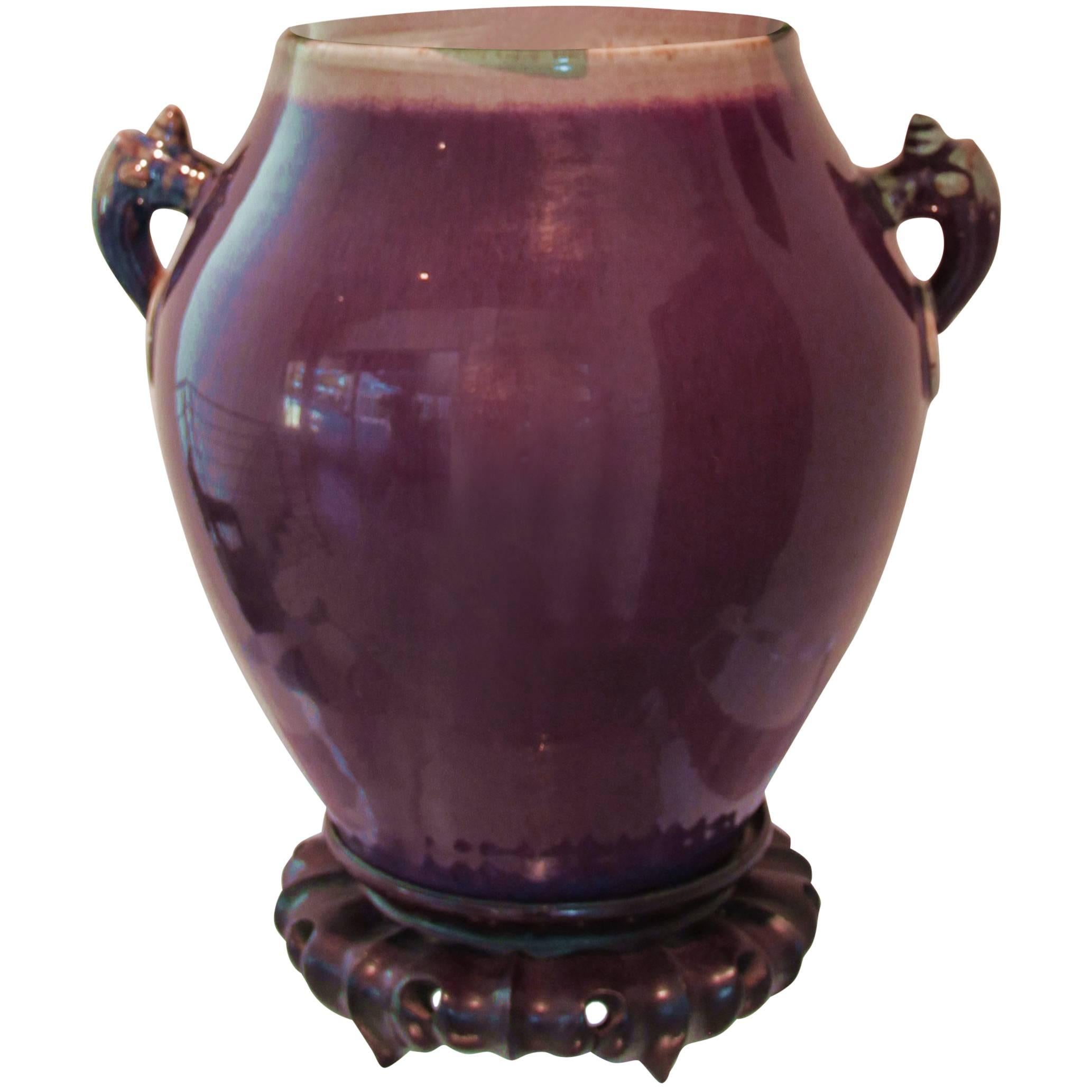 Oxblood Vase Deer Handles China Ching Dynasty Red Blue Burgundy For Sale