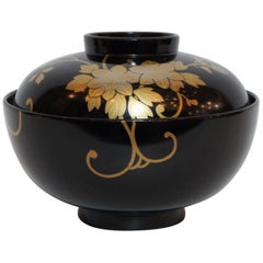 Antique Japanese Black Lacquer with Gold Flower Motif on Wajima-Nuri Soup Tureens, 1930s