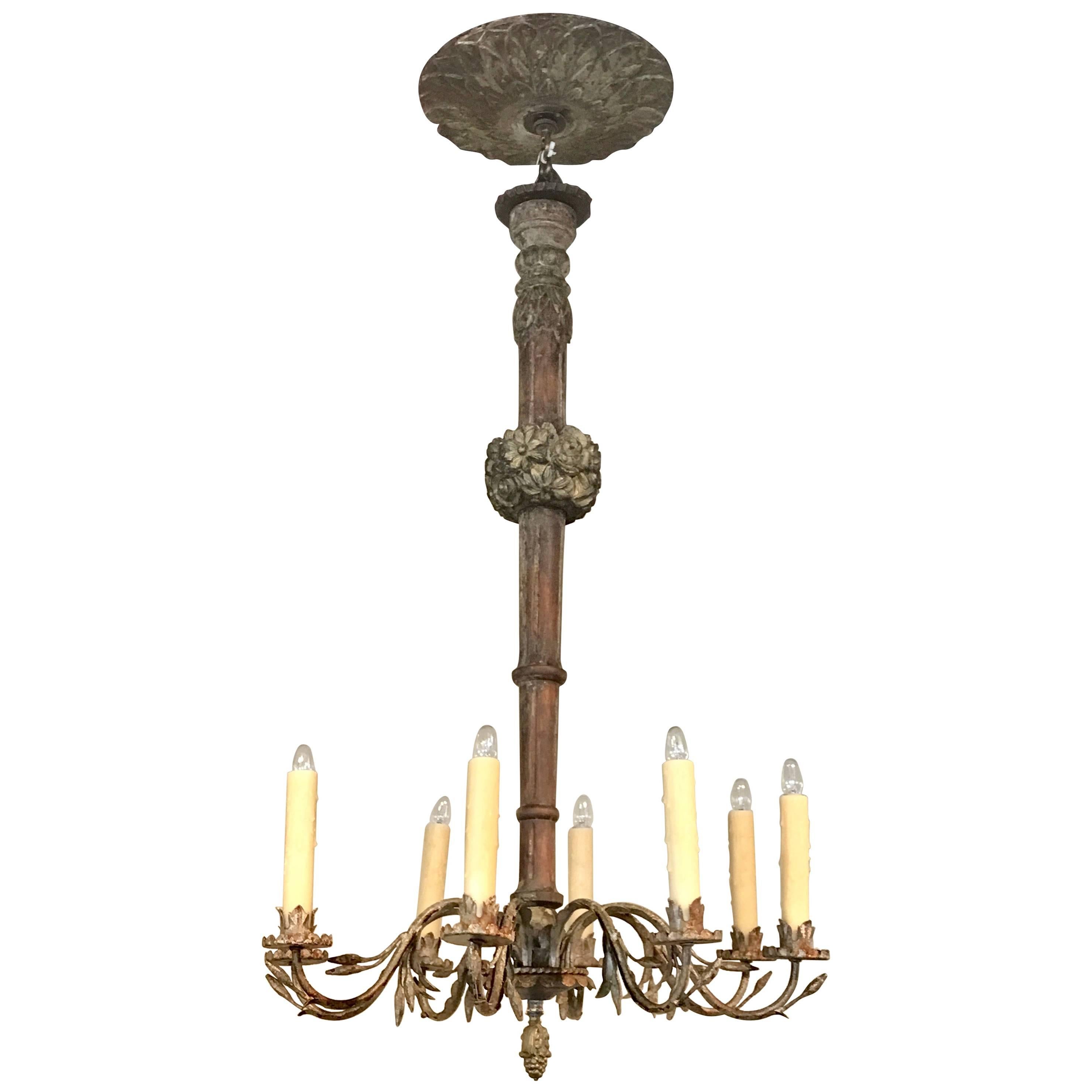 Antique Italian Carved Polychromed Wood and Iron Eight-Light Chandelier For Sale