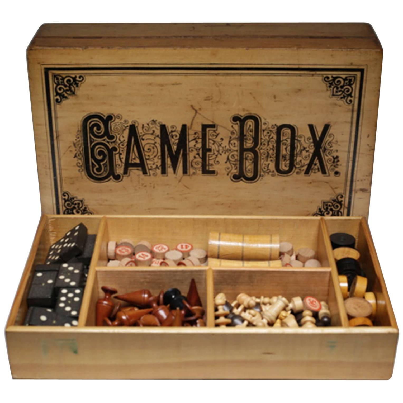 Turn of the Century Game Box 'Chess, Checkers, Asalto, Lotto and Dominos'