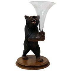 Antique Wooden Carved Bear with Engraved Glass Vase Made in Brienz Switzerland
