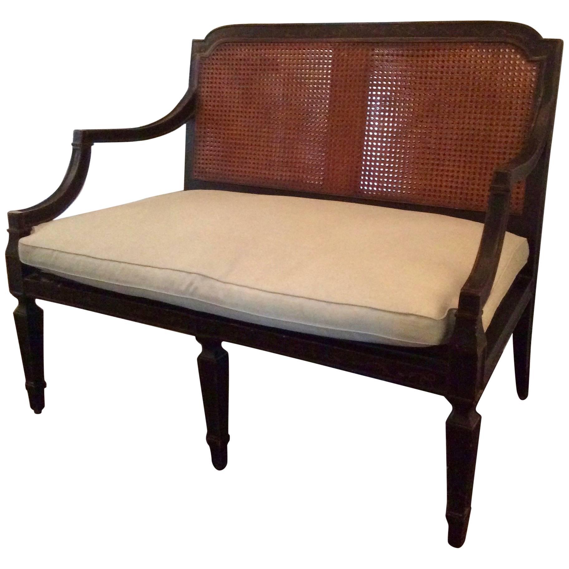 Louis XVI French Carved Wood Settee, Custom Upholstered in Linen For Sale