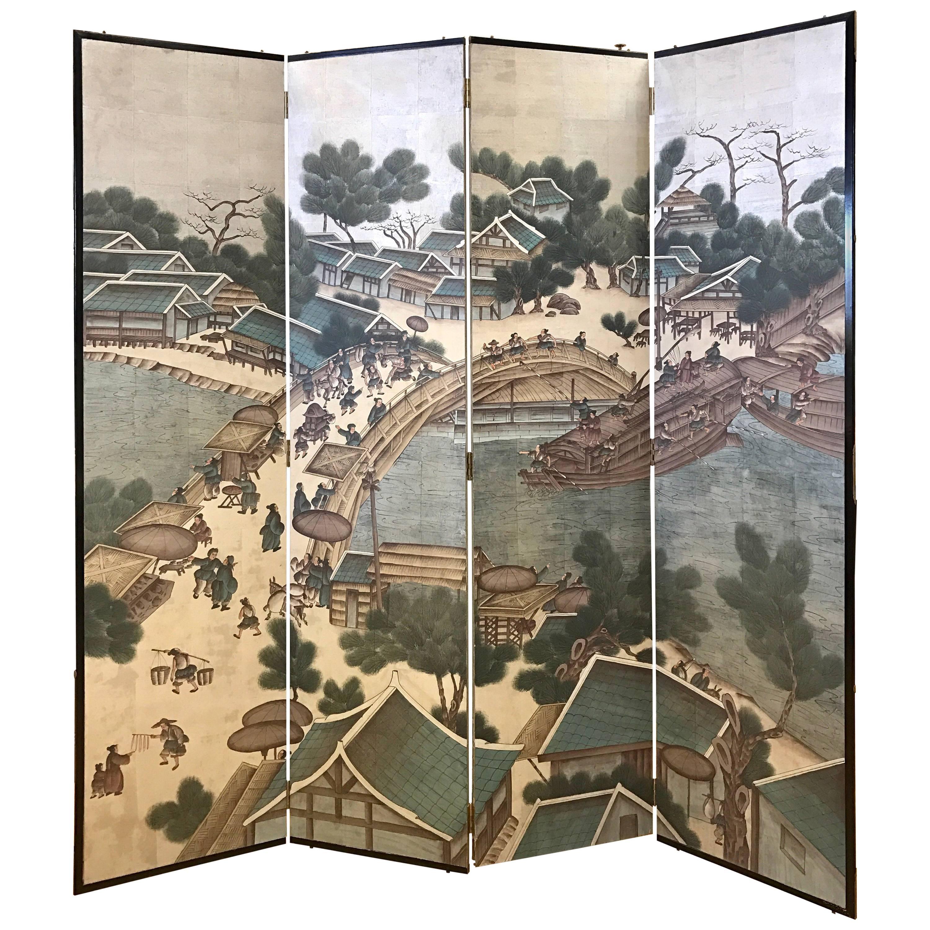 Vintage Chinese Hand Painted Silver Leaf Folding Screen Room Divider