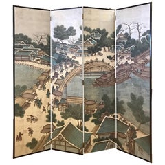 Vintage Chinese Hand Painted Silver Leaf Folding Screen Room Divider