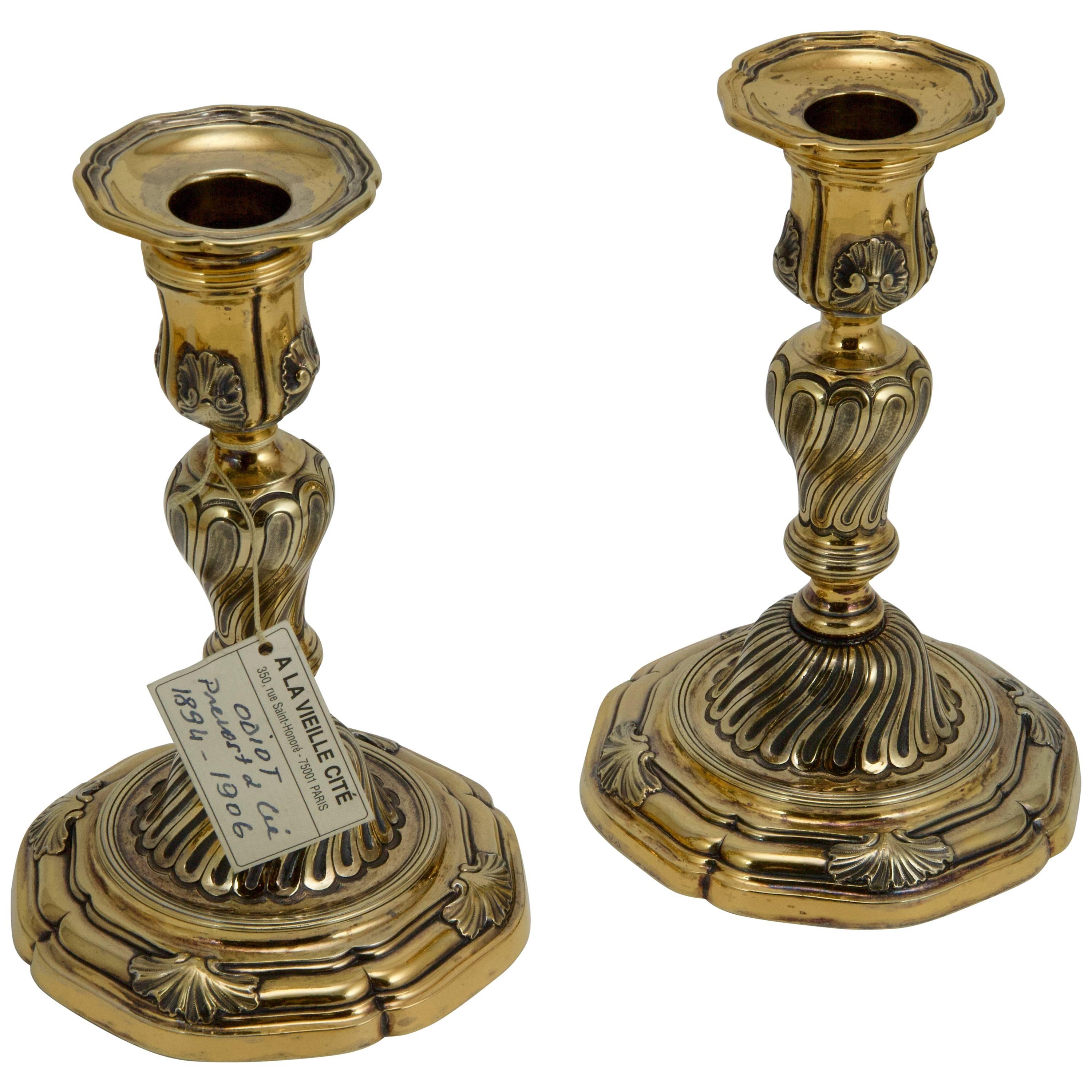 19th Century Silver Gilded Pair of Candlesticks by Odiot For Sale