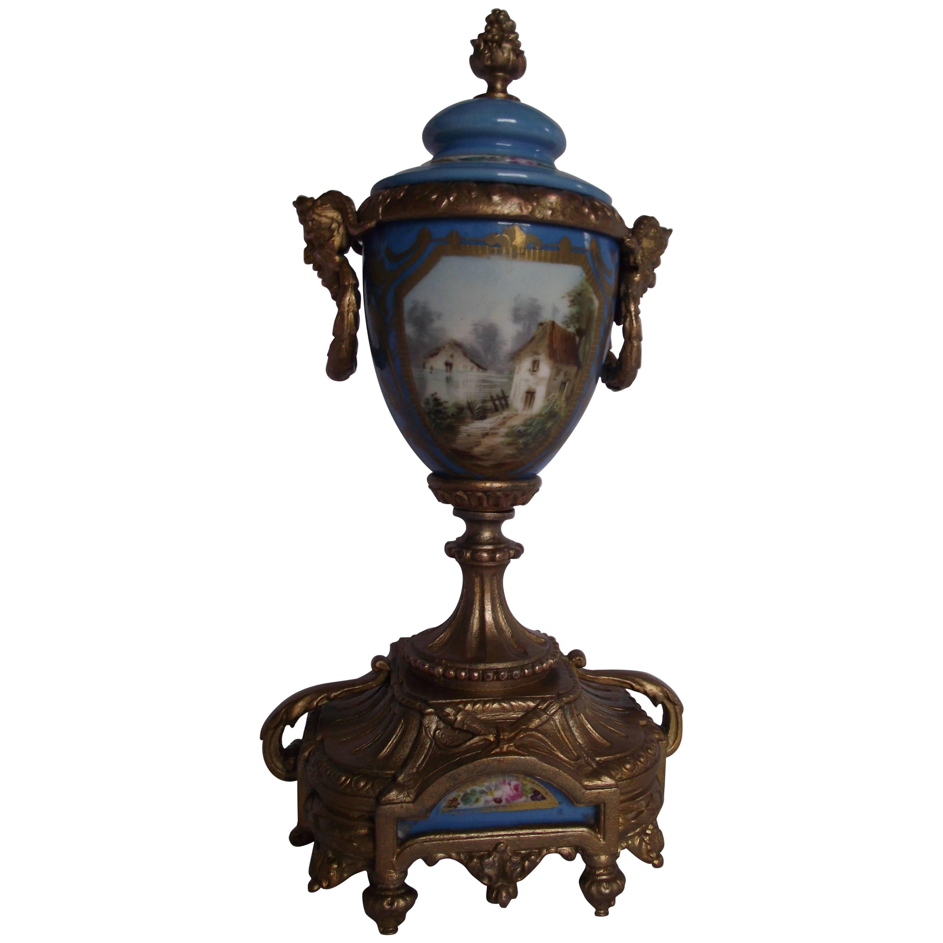 Sèvres Style Urn, Hand-Painted Porcelain Gilt Metal Urn