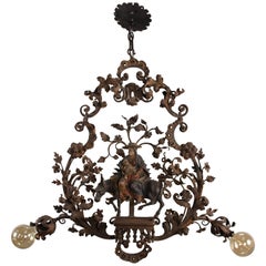 Incredible 1920s Iron Chandelier with Madonna and Infant Jesus on Donkey