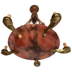 Marvellous Art Deco Red Alabaster Pendant Light w. Five Stylized Brass Arms