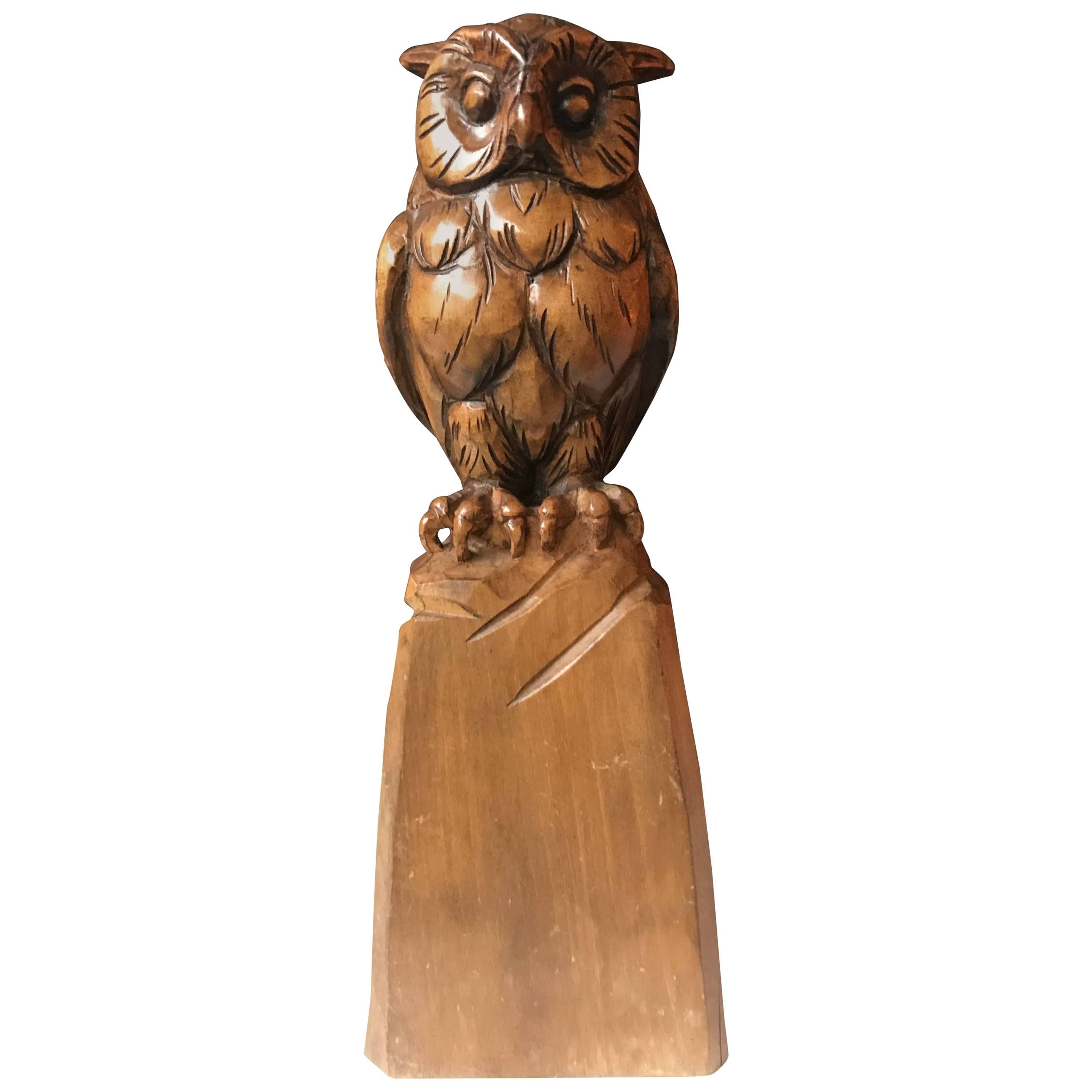 Stylish Carved Wooden Owl Sculpture Symbol of Wisdom and Learning with Signature