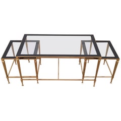 Neoclassical Brass Coffee Table with Matching Pair of Nesting Side Tables