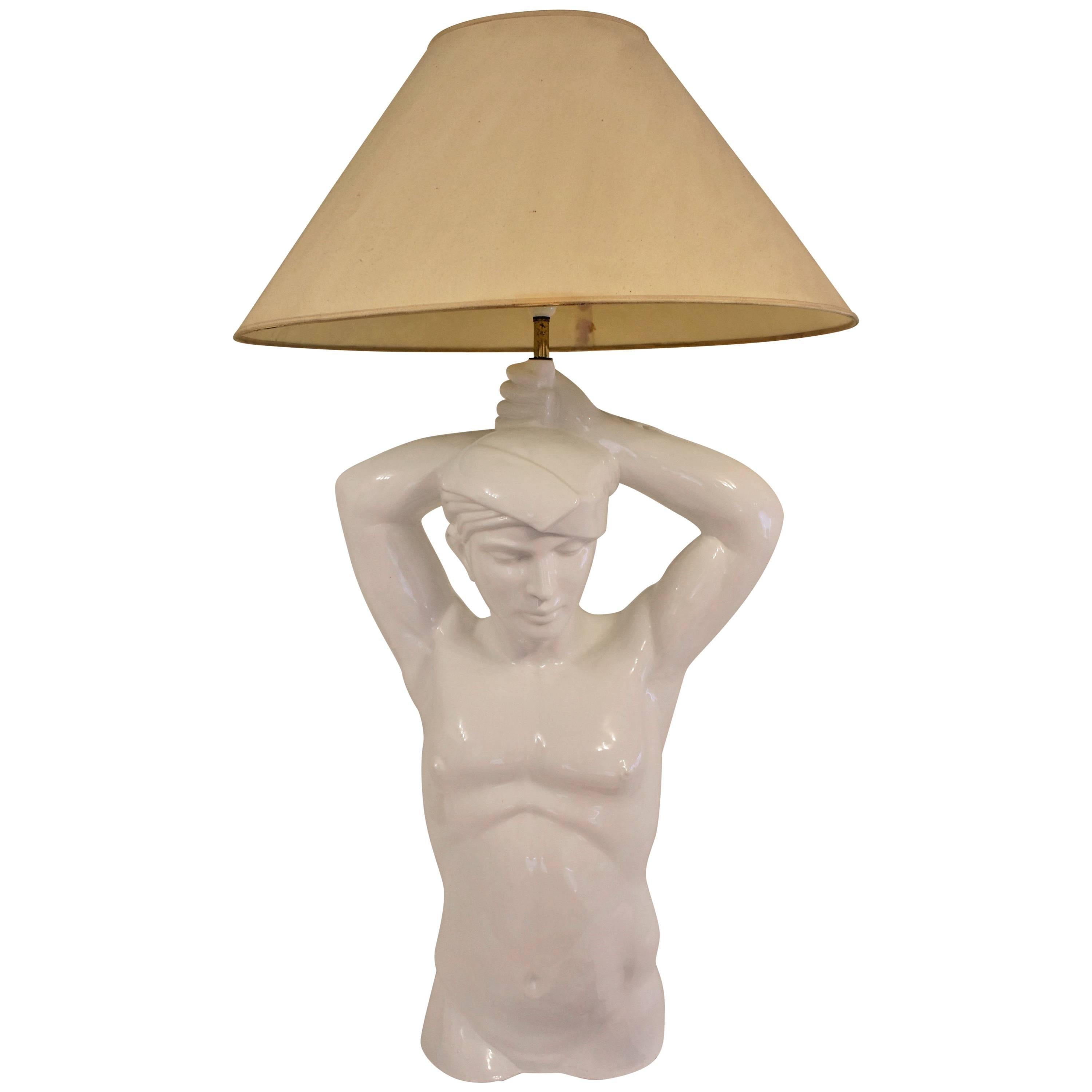 Giulio Ciniglia Sculpture, a Large Torso of a Nude Man in White Ceramic, Lamp For Sale