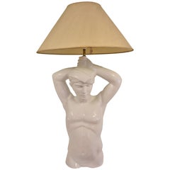 Giulio Ciniglia Sculpture, a Large Torso of a Nude Man in White Ceramic, Lamp