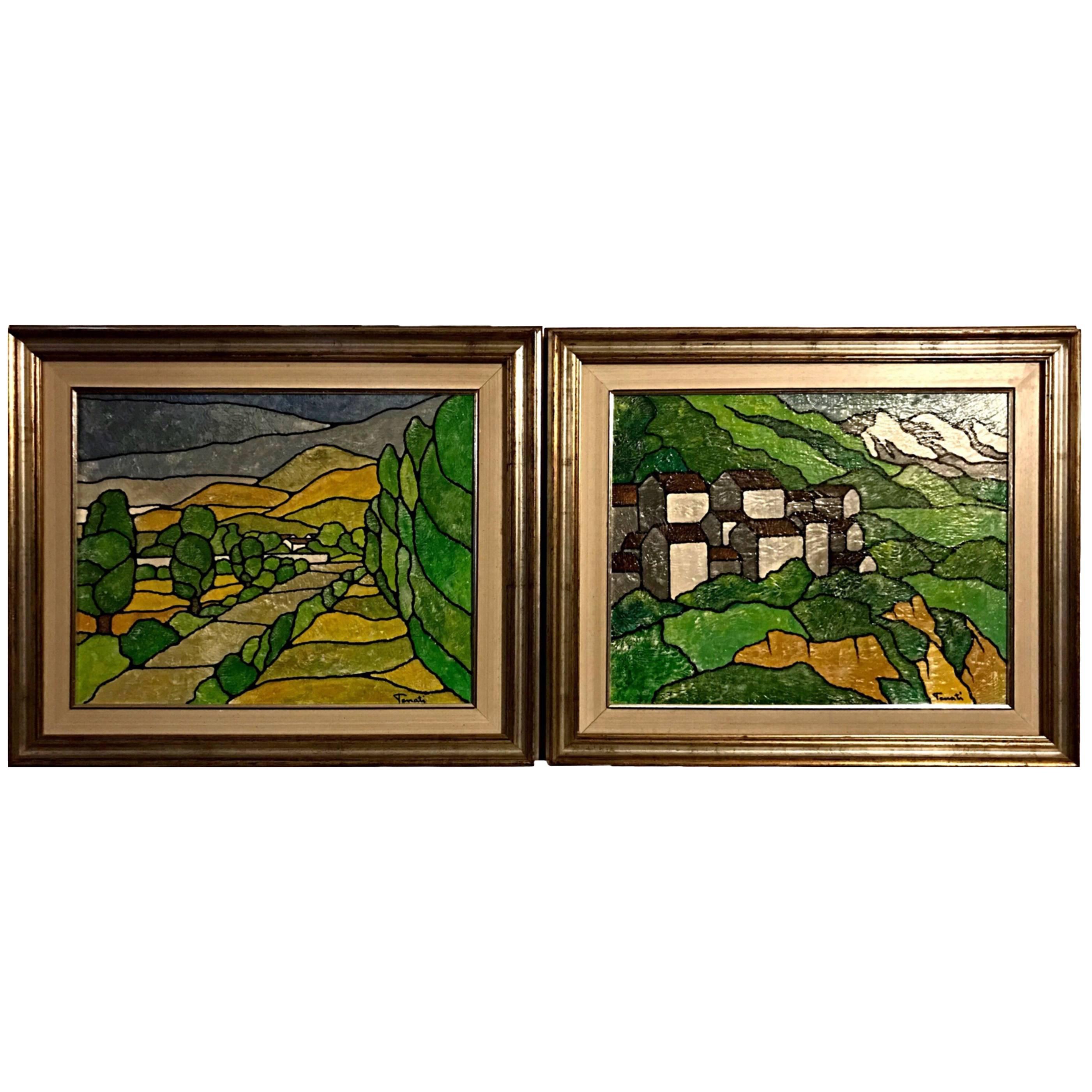 Pair of Acrylic Landscape Paintings by Italian Artist ‘Tenati’ For Sale
