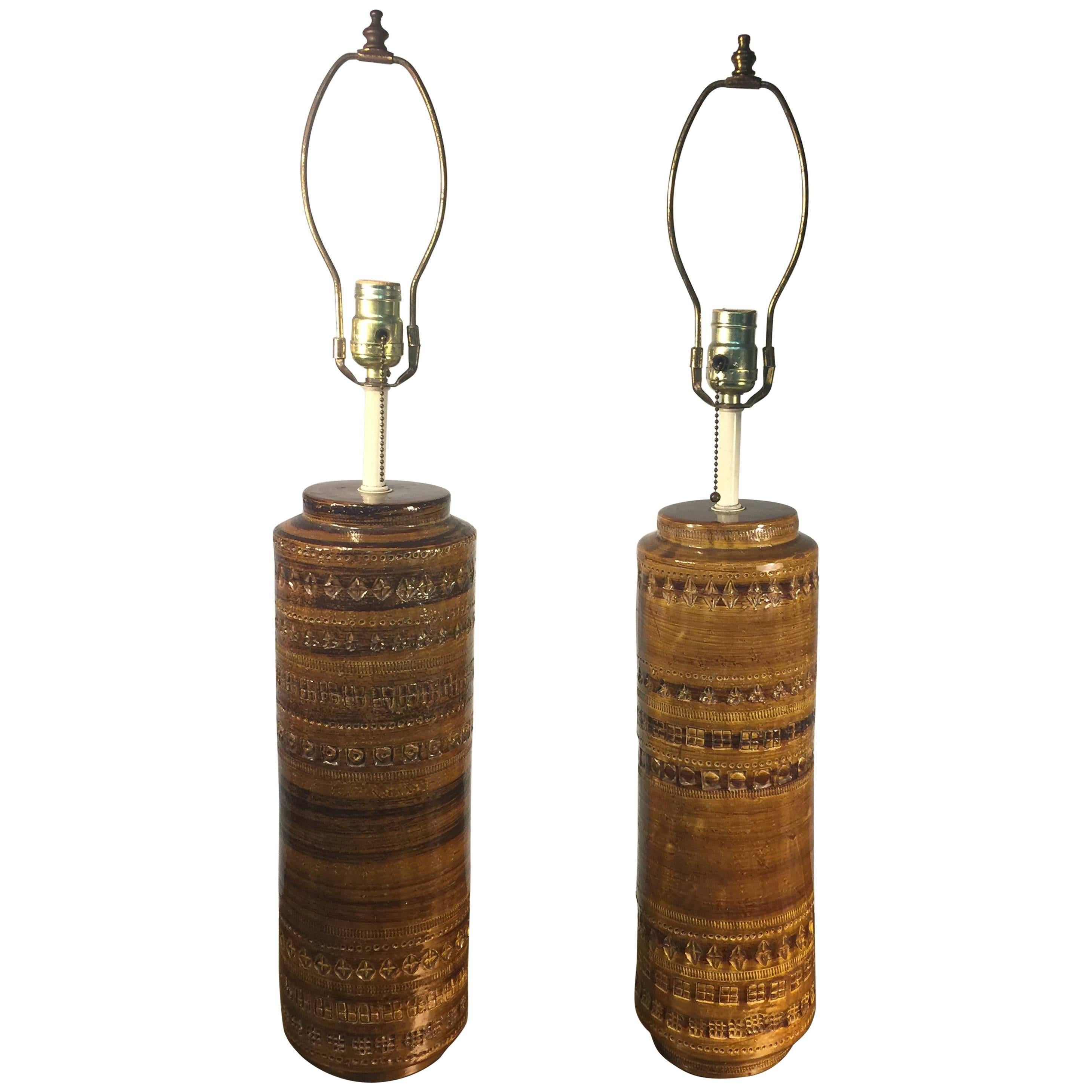 Bitossi Pottery Lamps Incised Decoration by Aldo Londi, Pair For Sale