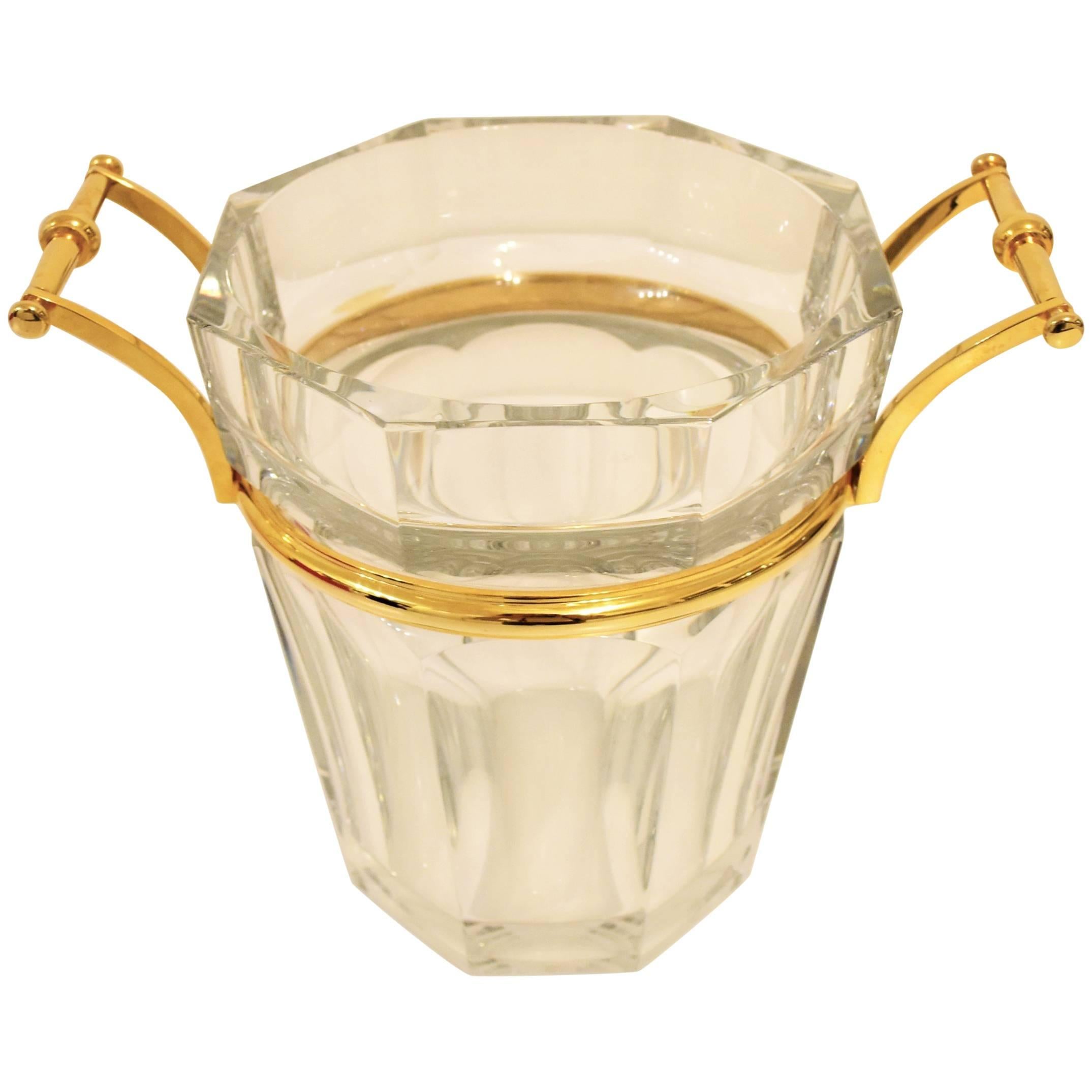 Baccarat Cut Crystal Modern Harcourt Champagne Cooler, Gilded Handles For Sale