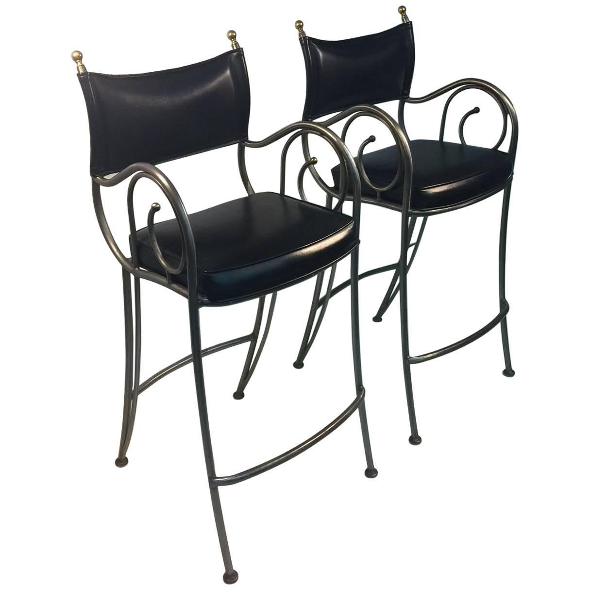 Jansen Style Brushed Steel and Brass Bar Stools For Sale
