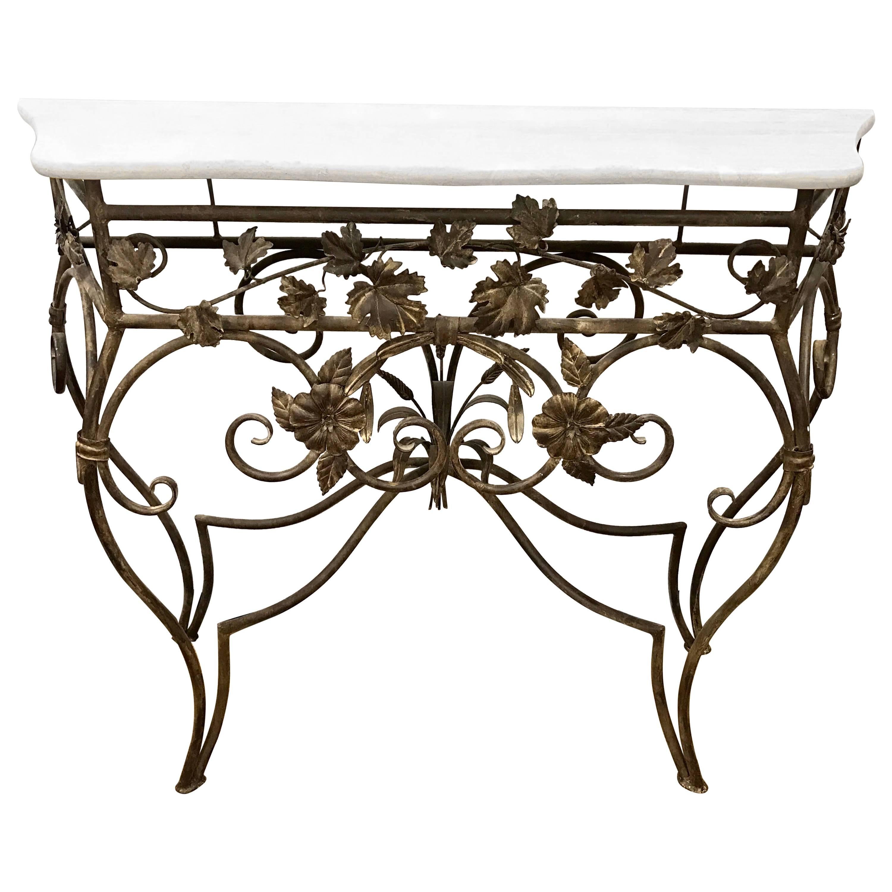 Neoclassical Custom Gold Iron and Marble Console Table 