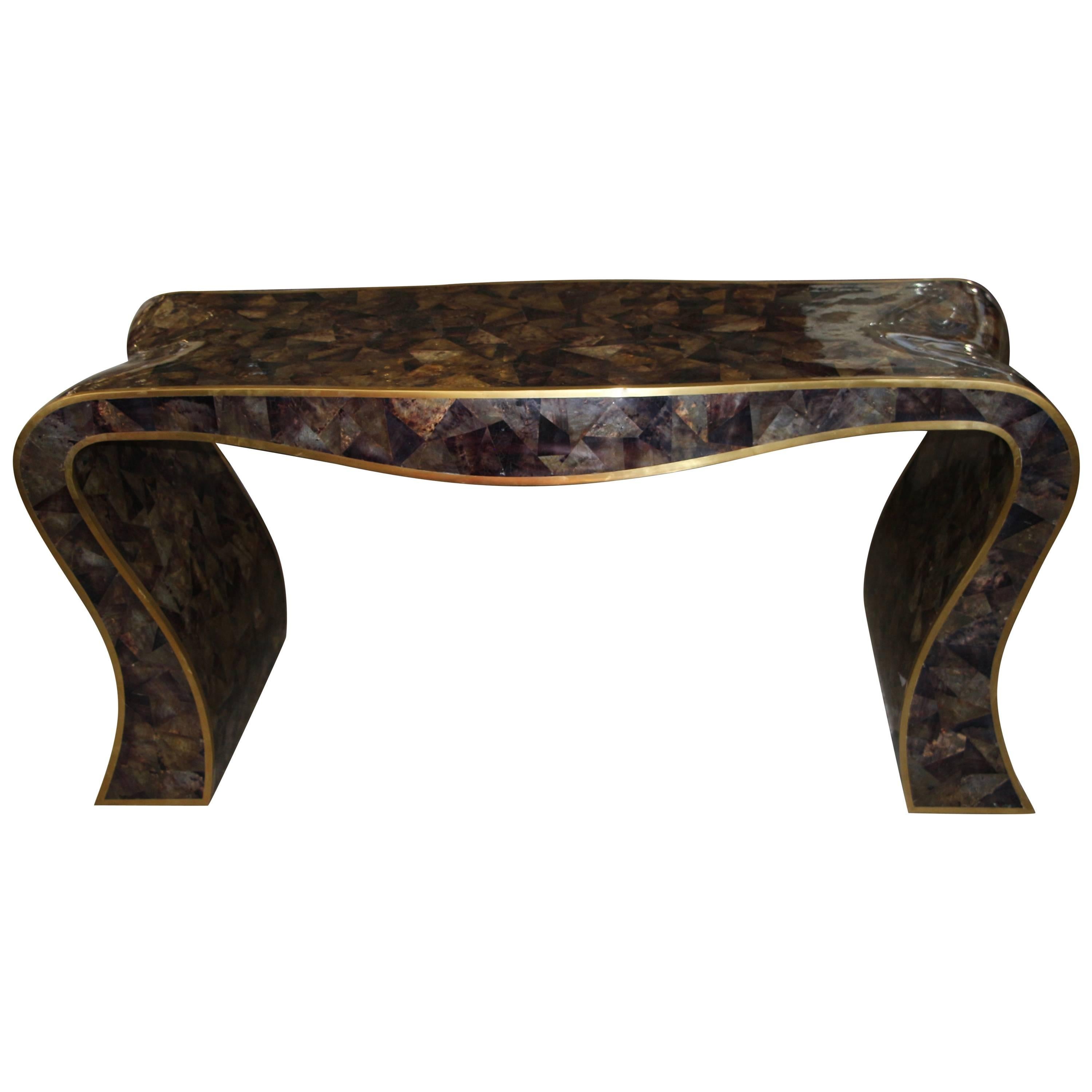 Maitland-Smith Tessellated Horn and Brass Trimmed Sculptural Console Table