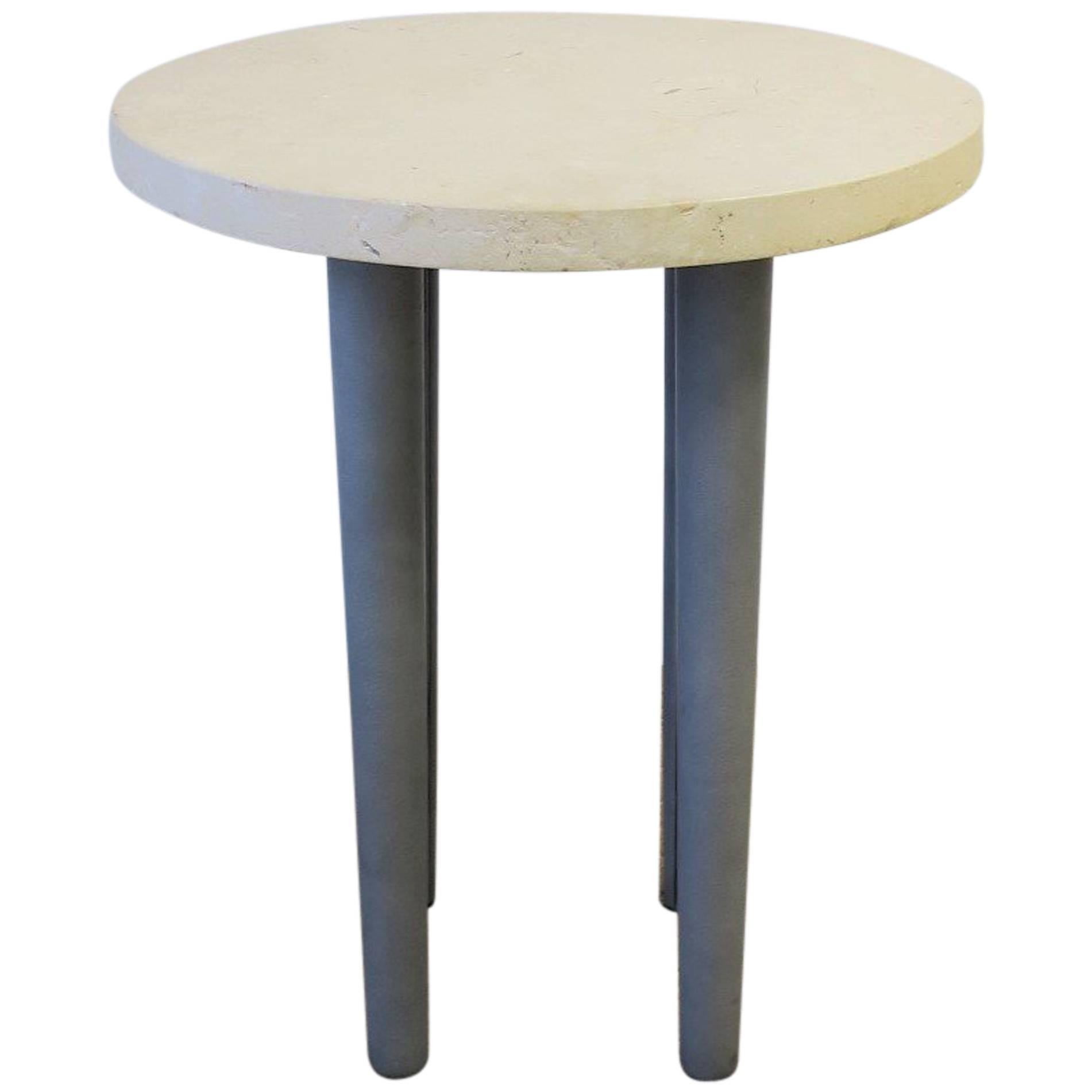 Stone and Leather Postmodern Round Side or Drinks Table