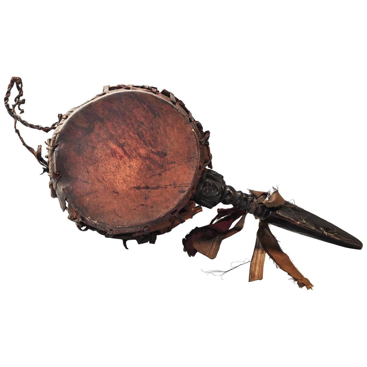 Shaman Drum with Carved Wooden Handle, Nepal Himalaya, Mid-20th Century