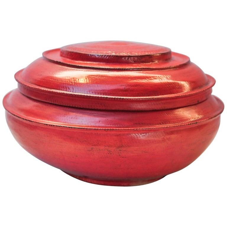 Red Lacquer Food Bowl with Lid from Burma, Early to Mid20th Century, Bamboo For Sale at 1stdibs