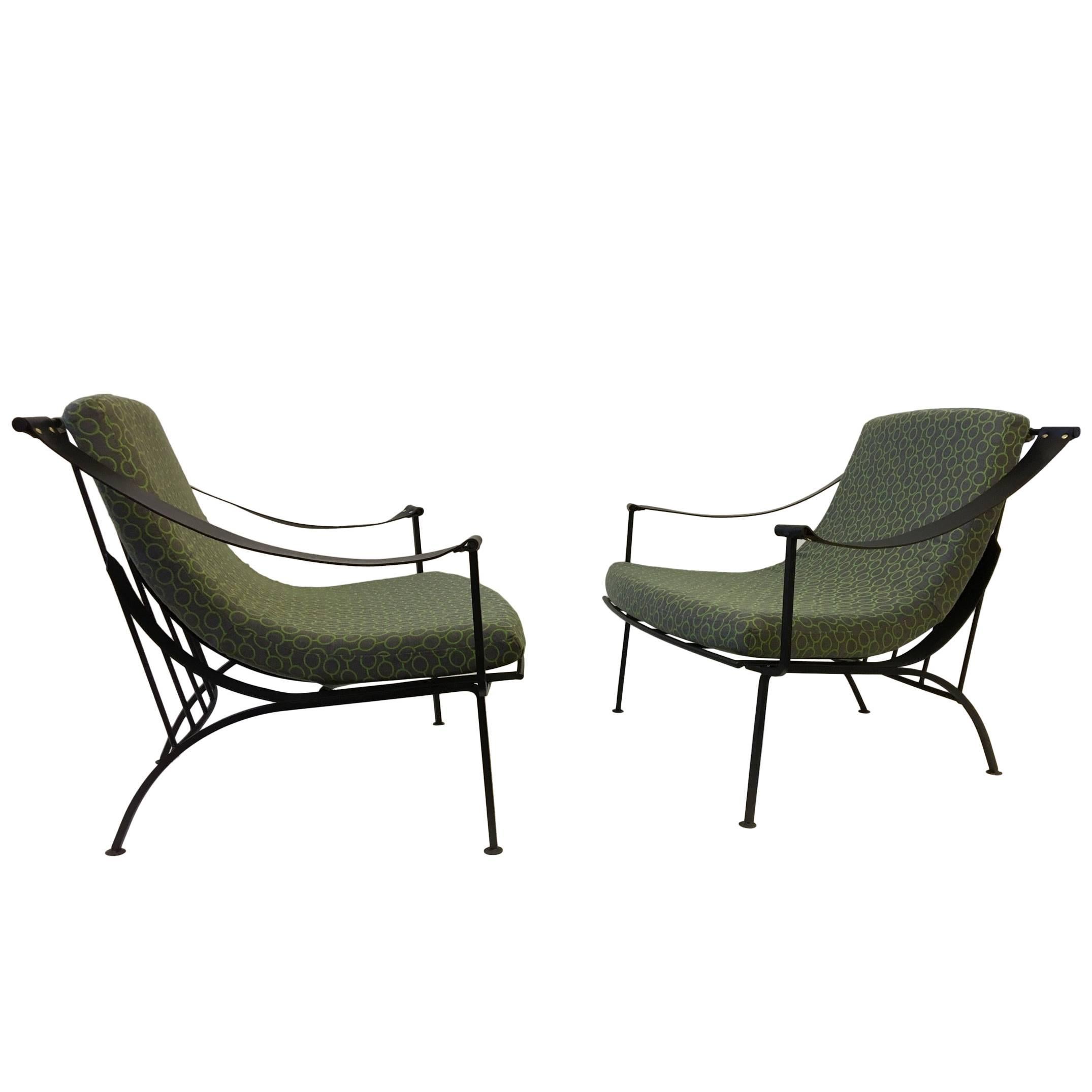 Pair of Wrought Iron and Fabric Lounge Chairs by Russell Woodard