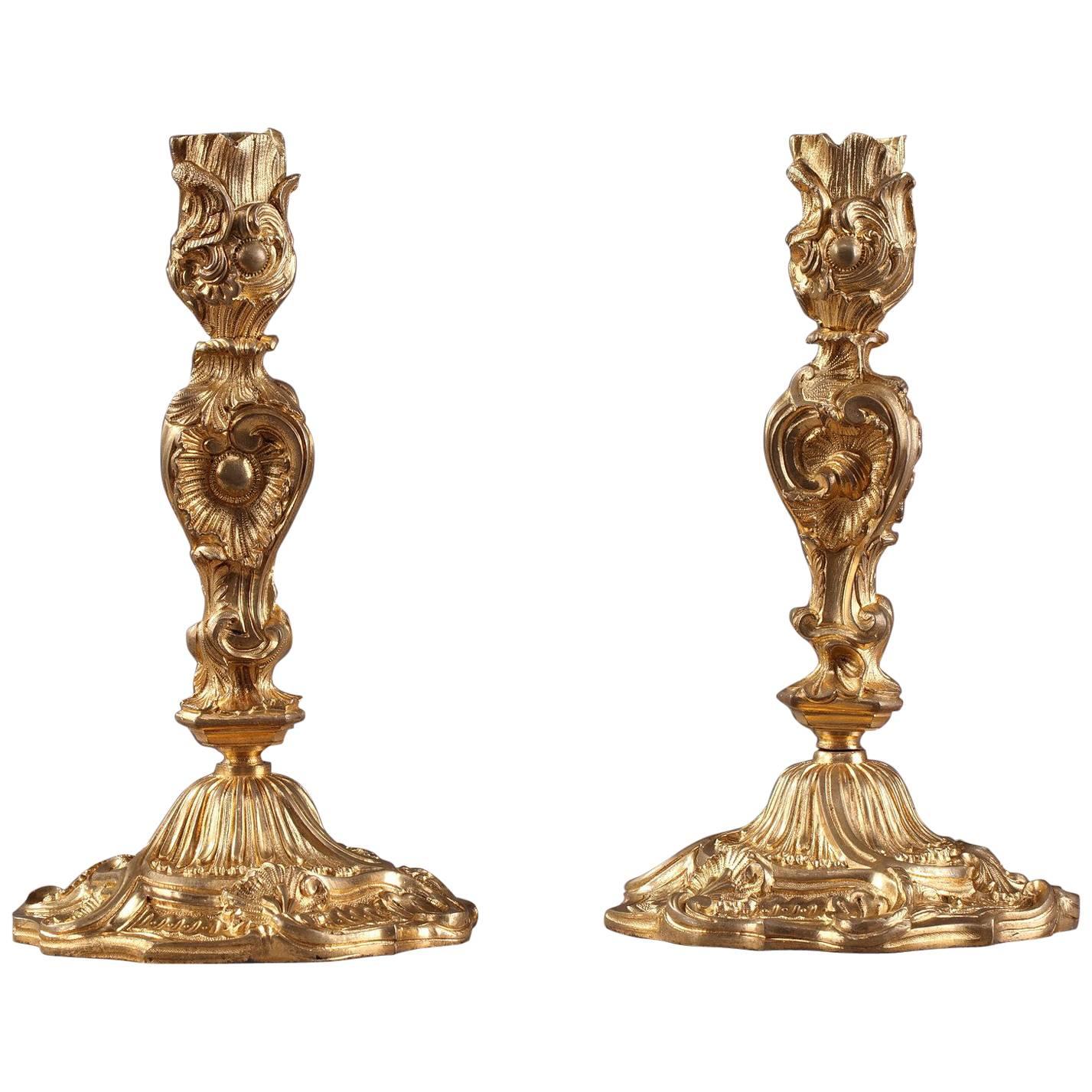 Napoleon III Pair of Gilt Bronze Candlesticks in Louis XV Style