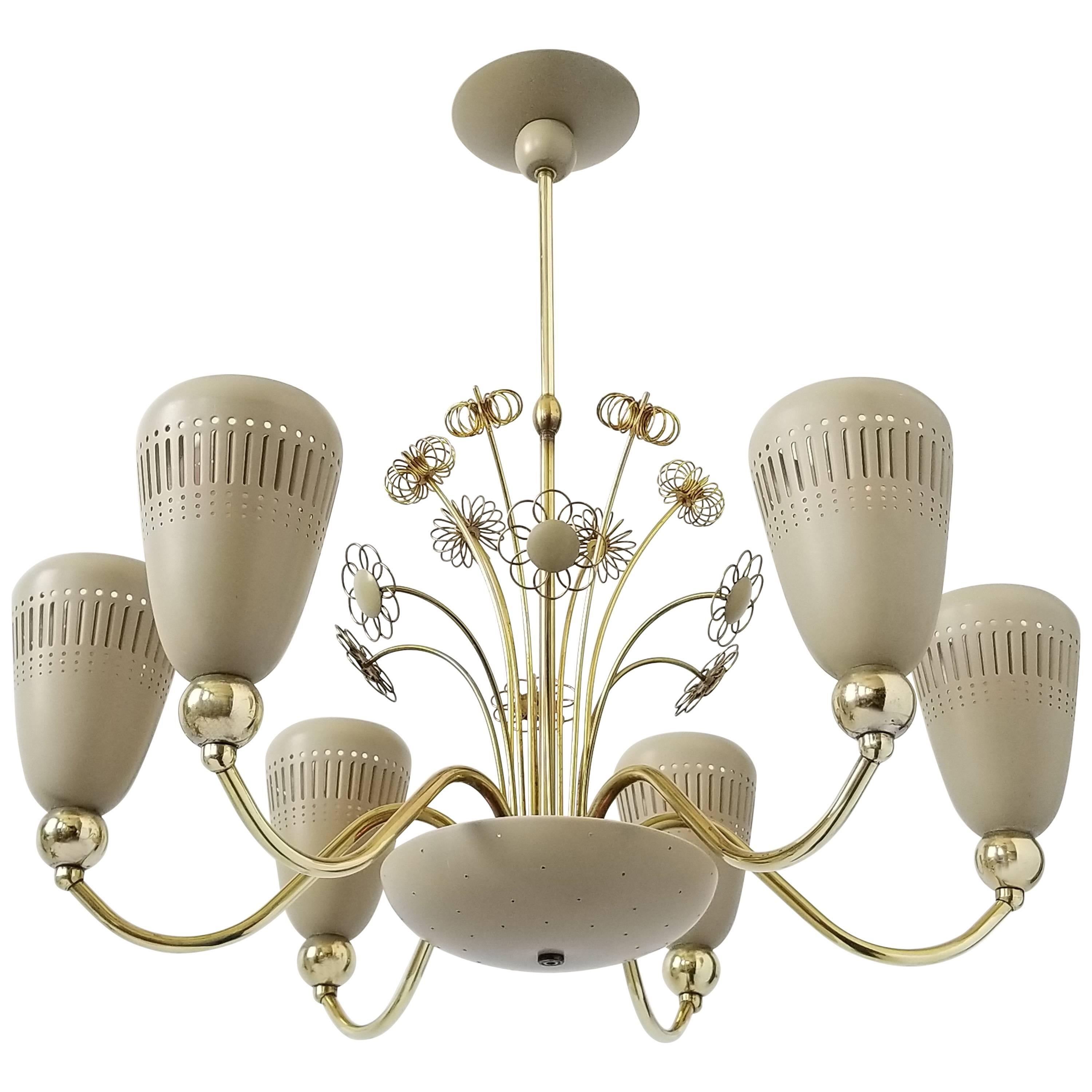 Lightolier Six-Arm Brass Chandelier in the style of  Paavo Tynell, 1950s, USA
