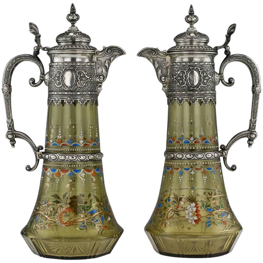 Antique German Solid Silver and Enamel Glass Pair of Claret Jugs, circa 1890