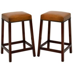 Pair of Antique Leather and Mahogany Bar Stools 