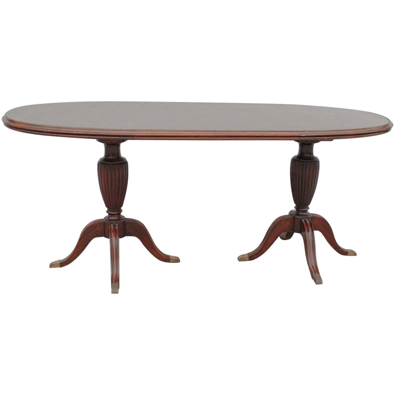 Mahogany Regency Revival Two Pillars Oval Dining Table, Glass Top, Cantu, 1950s