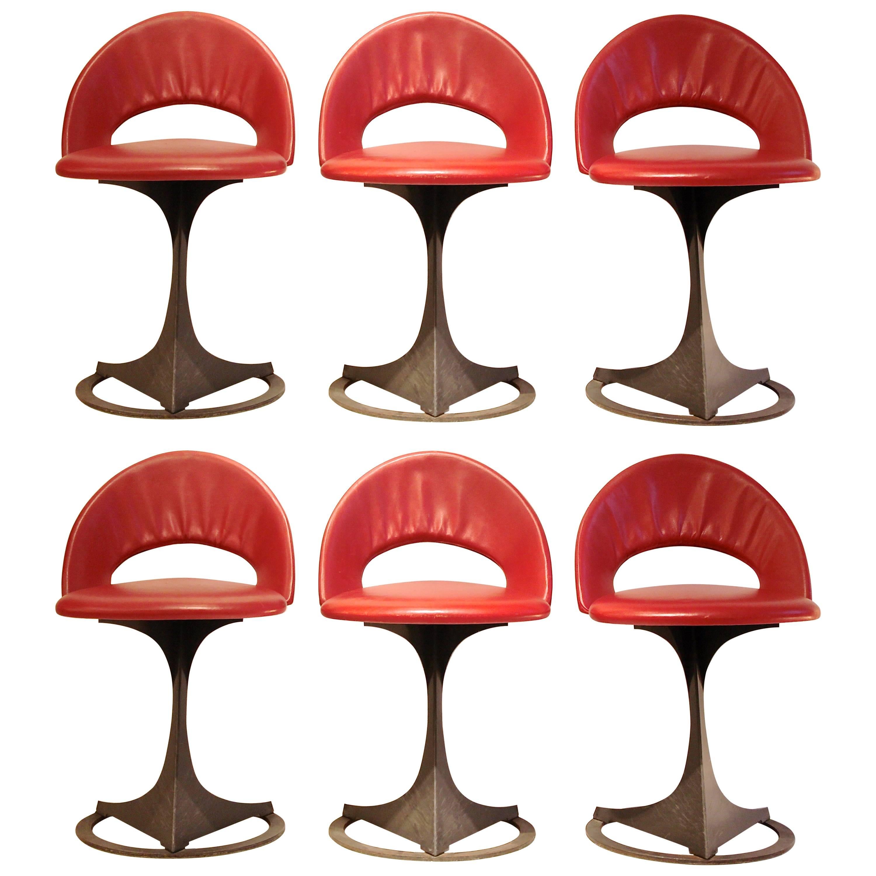 Set of Six Red Leather Chairs by Santiago Calatrava for Desede Switzerland, 1986