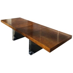 Huge Midcentury Walnut Burl Patchwork and Chrome Dining Table by Milo Baughman 