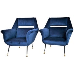 Italian Mid-century Armchairs in Royal Blue Velvet by Gigi Radice for Minotti
