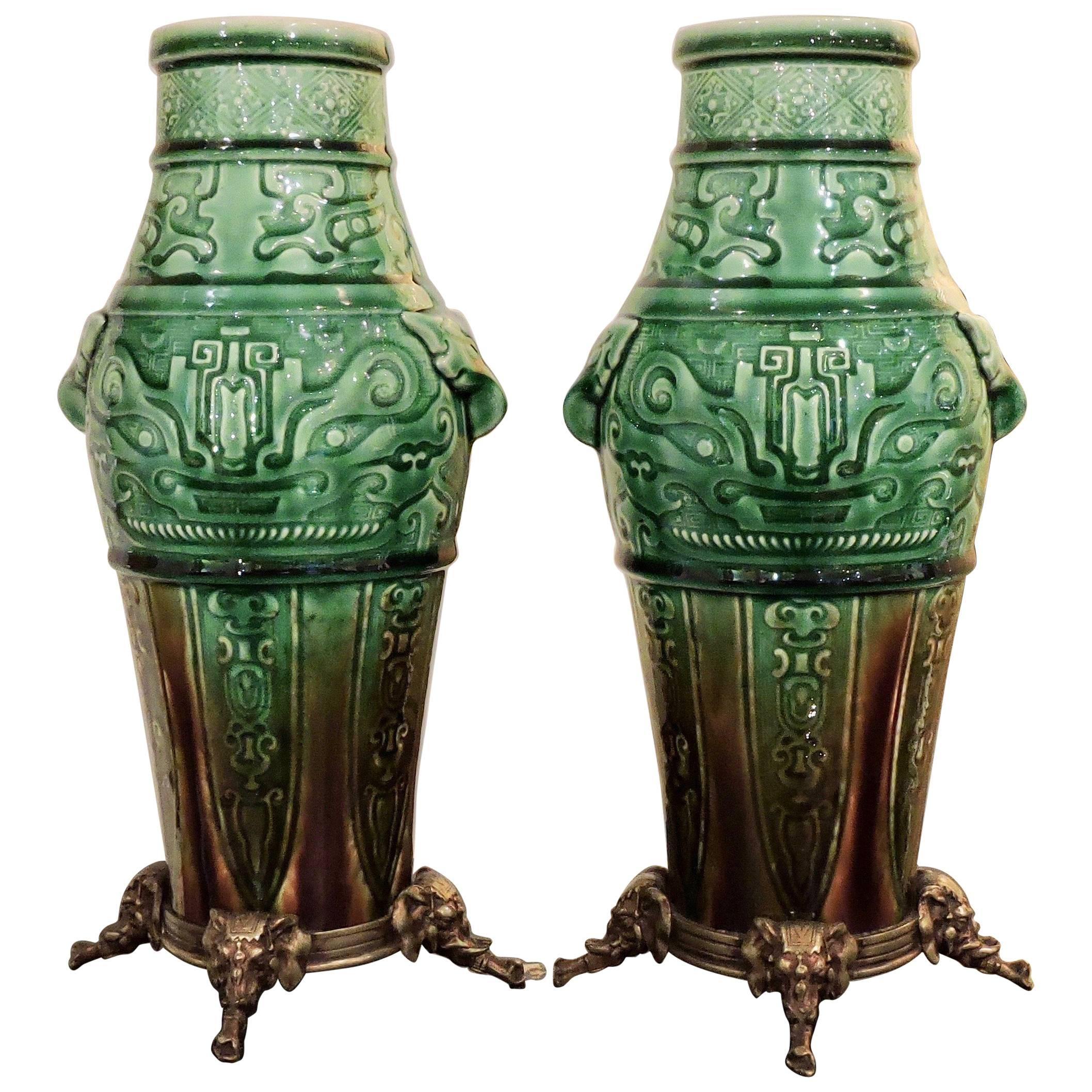 Theodore Deck Faience Celadon Ormolu-Mounted Mounted Pair of Vases