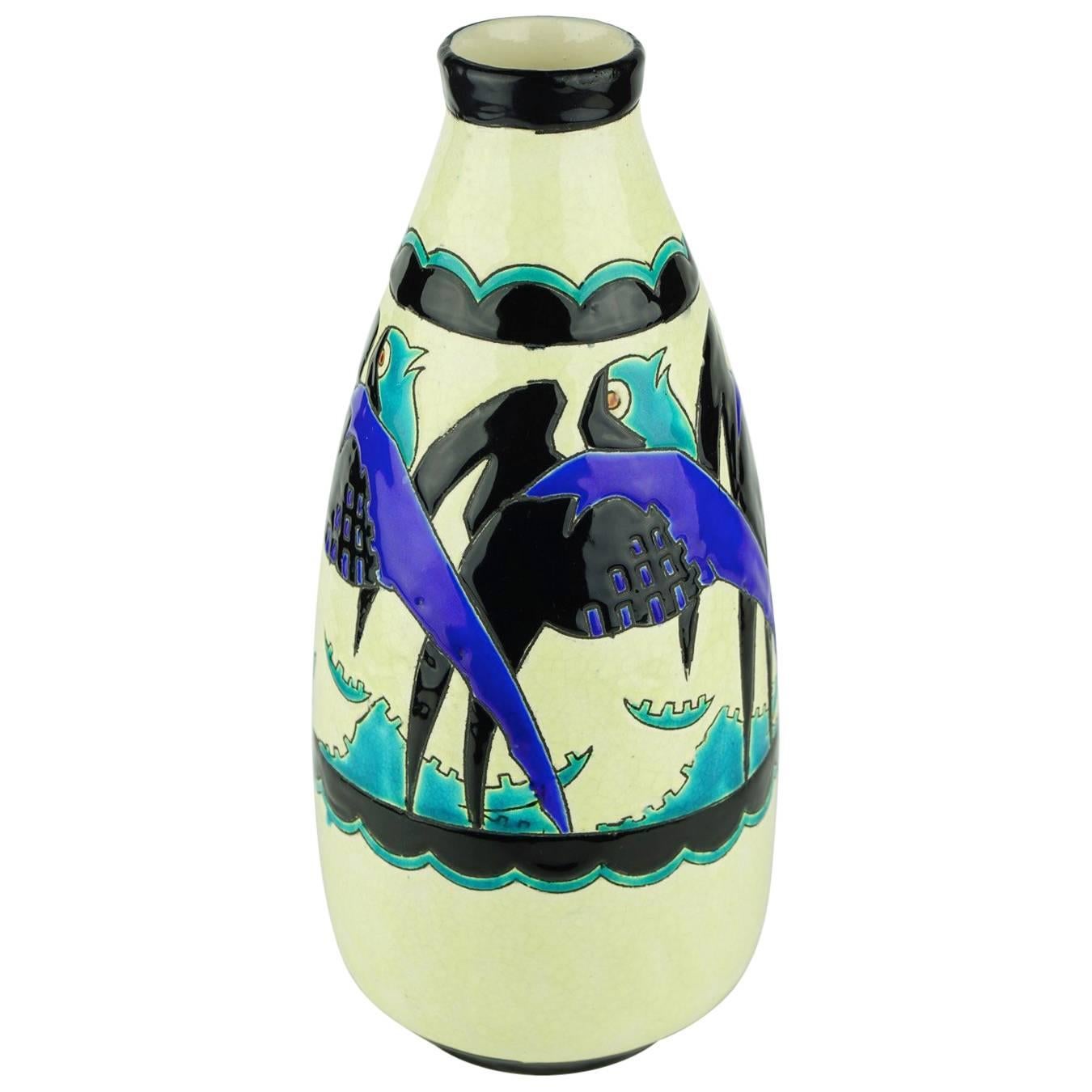 Art Deco Keramis Boch Blue Swallows Vase For Sale