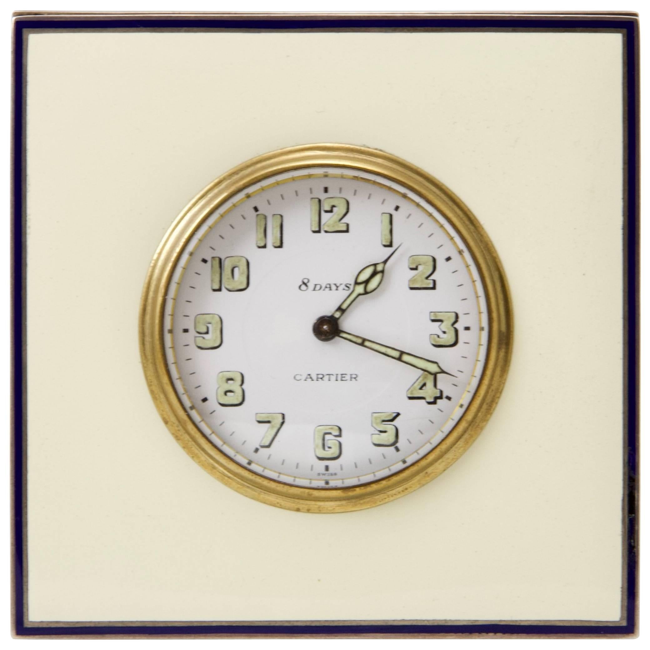 Antique 20th Century Enamel Silver Desk Clock by Cartier