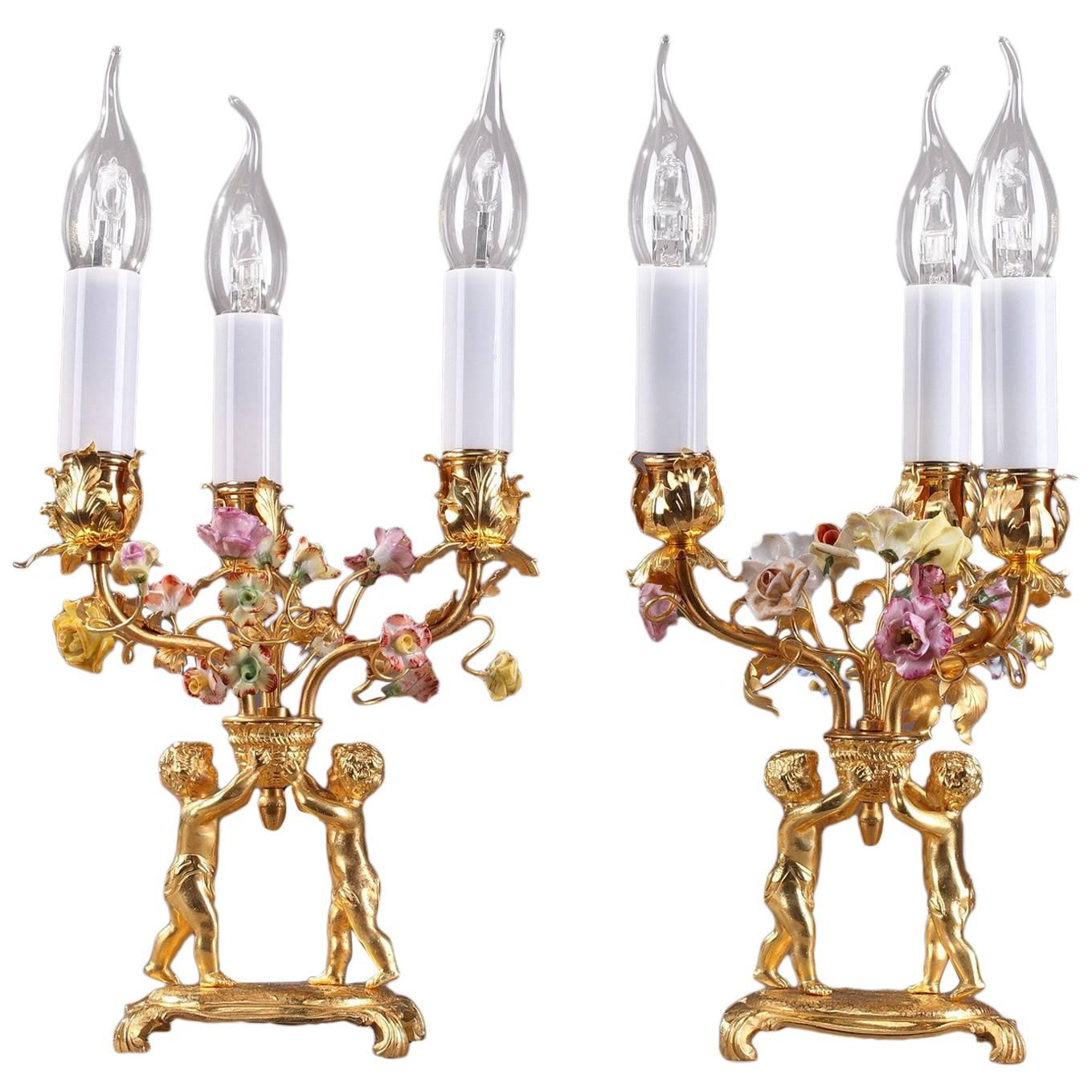 Pair of Gilt Bronze and Porcelain Candelabras in Louis XV Style