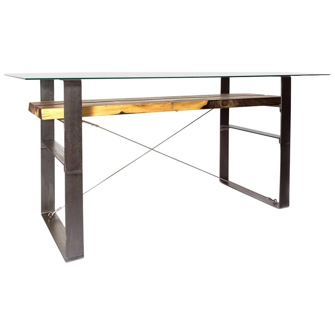 Customizable Exotic Mahoe Wood Industrial Finish Dining Table or Console Table For Sale