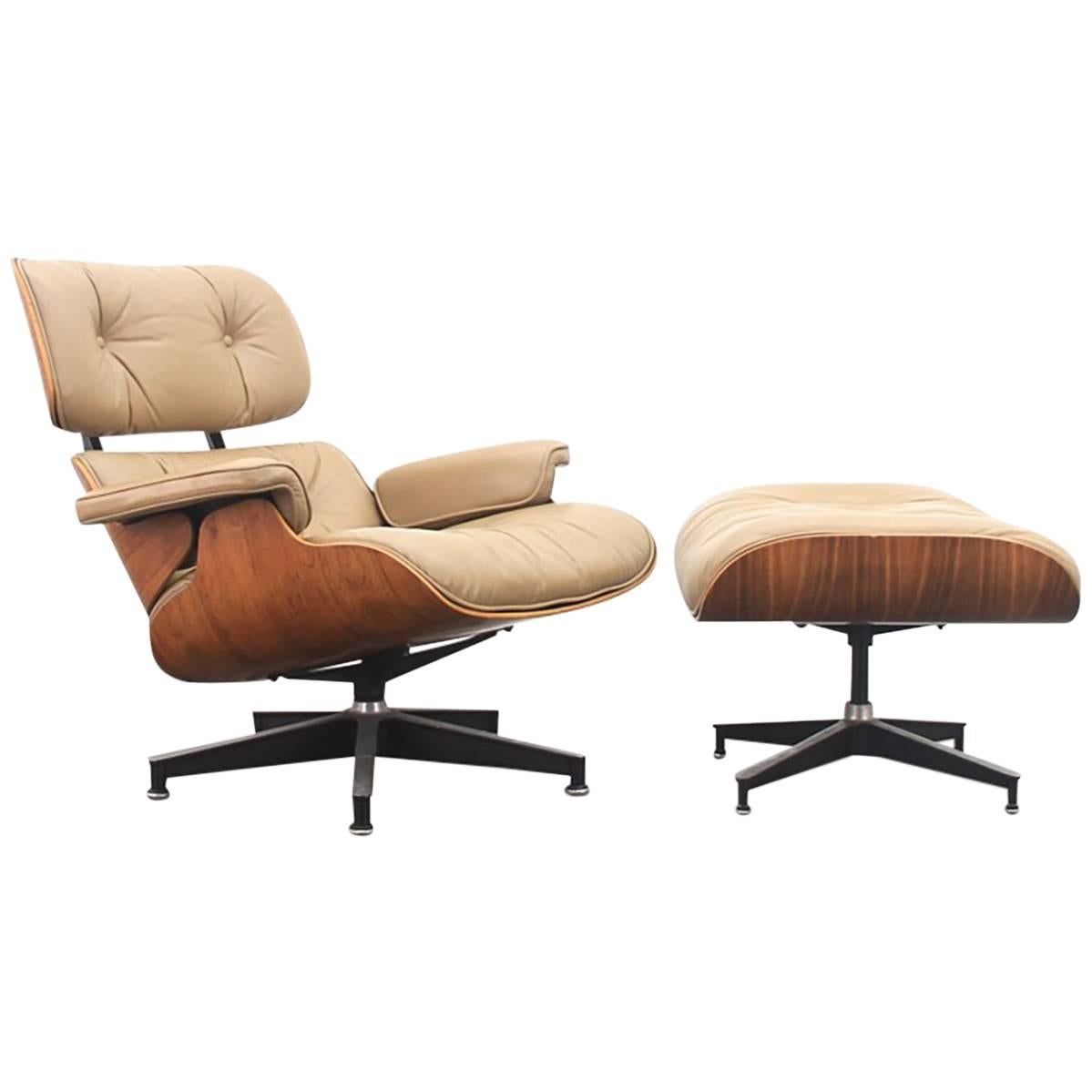 Eames Lounge Chair and Ottoman in Rosewood and Caramel Coloured Leather, 1970s