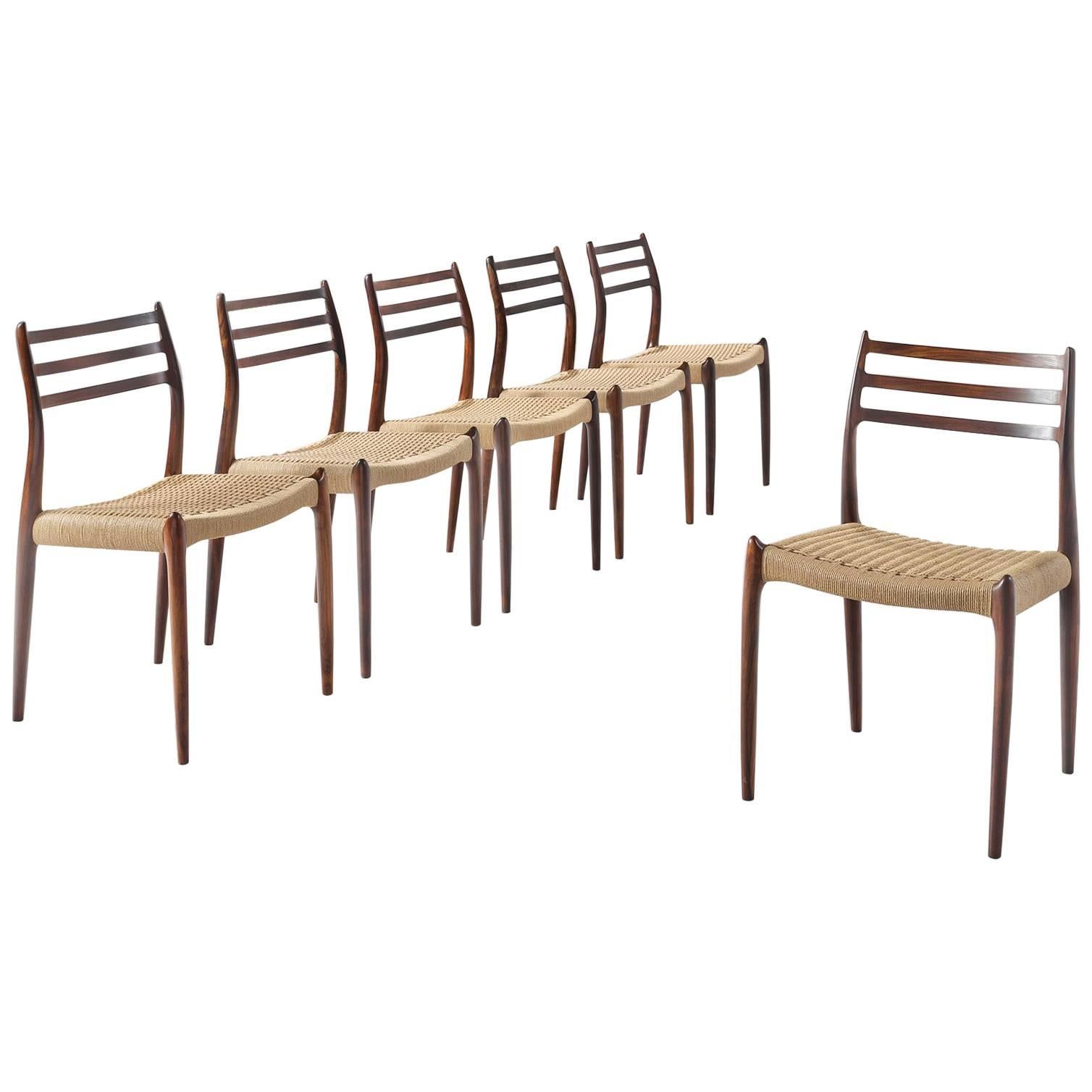Niels O. Moller Set of Six Dining Chairs in Rosewood and New Paper Co Upholstery