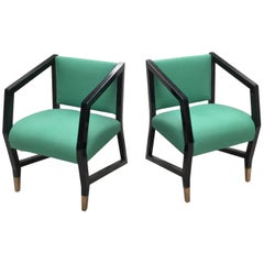 1950 Black Wood Attributed to Gio Ponti Armchairs with Green Seats