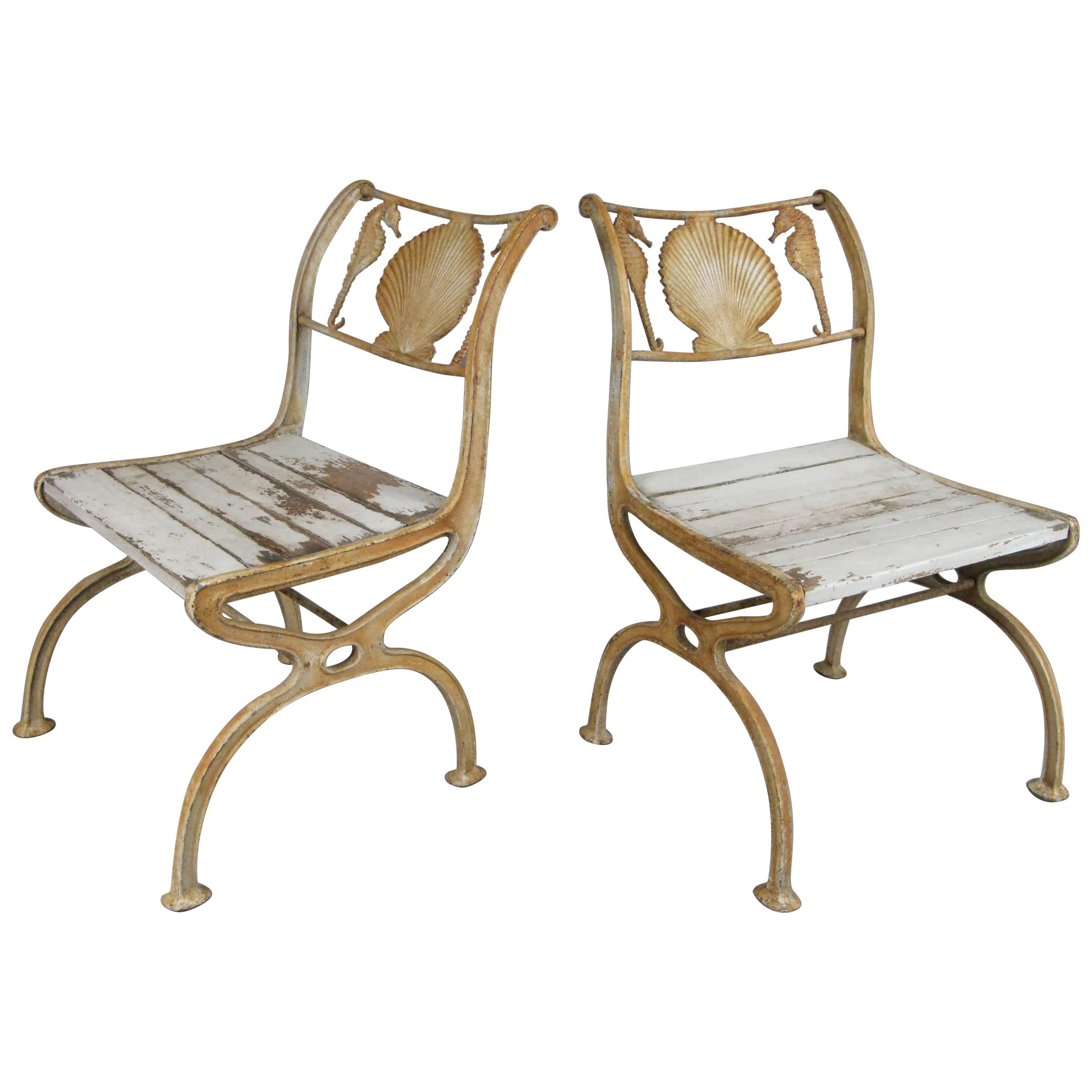Pair of Rare 1920s Cast Iron Seashell and Seahorse Chairs