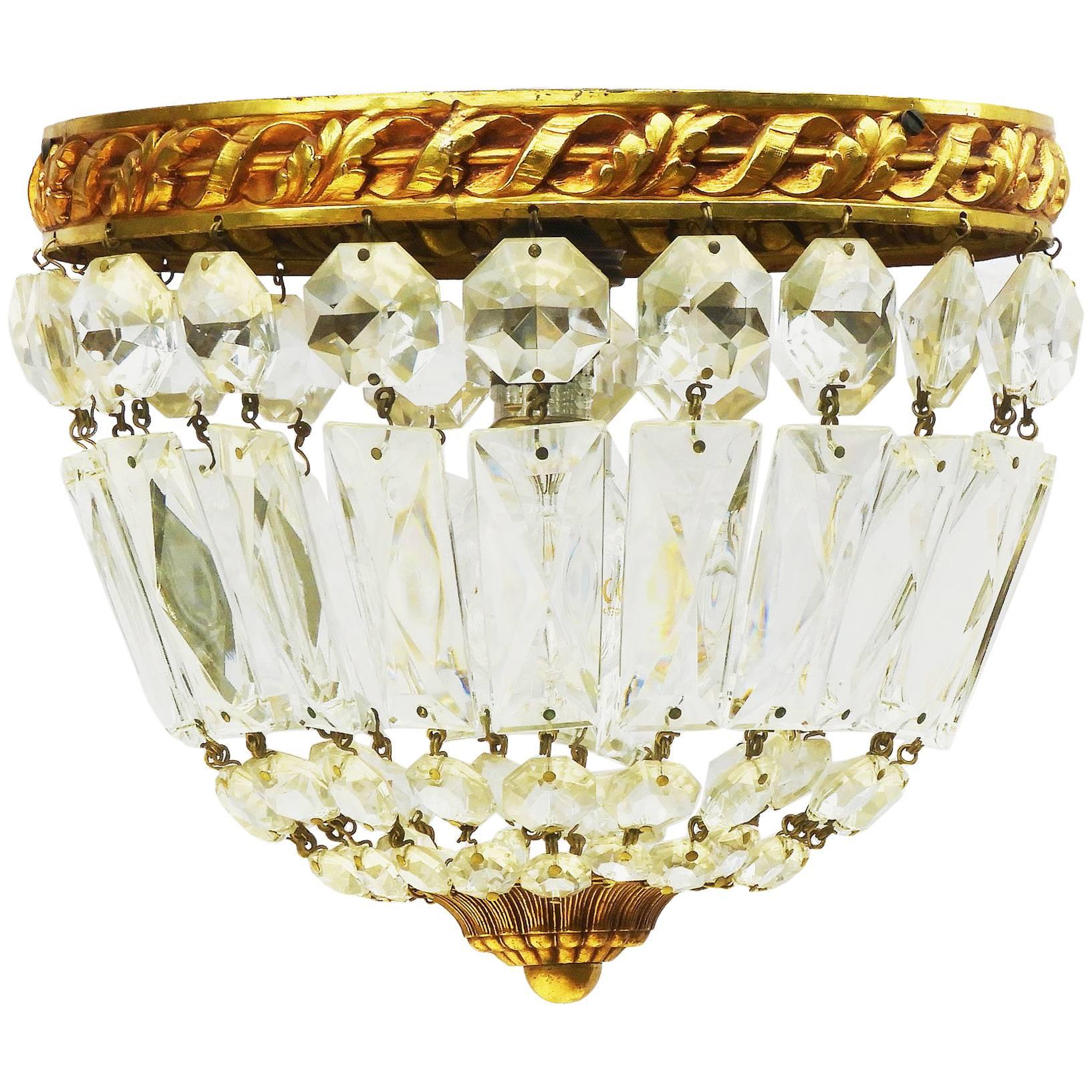 French Crystal Flush Mount Ceiling Light or Pendant, Early 20th Century Louis 