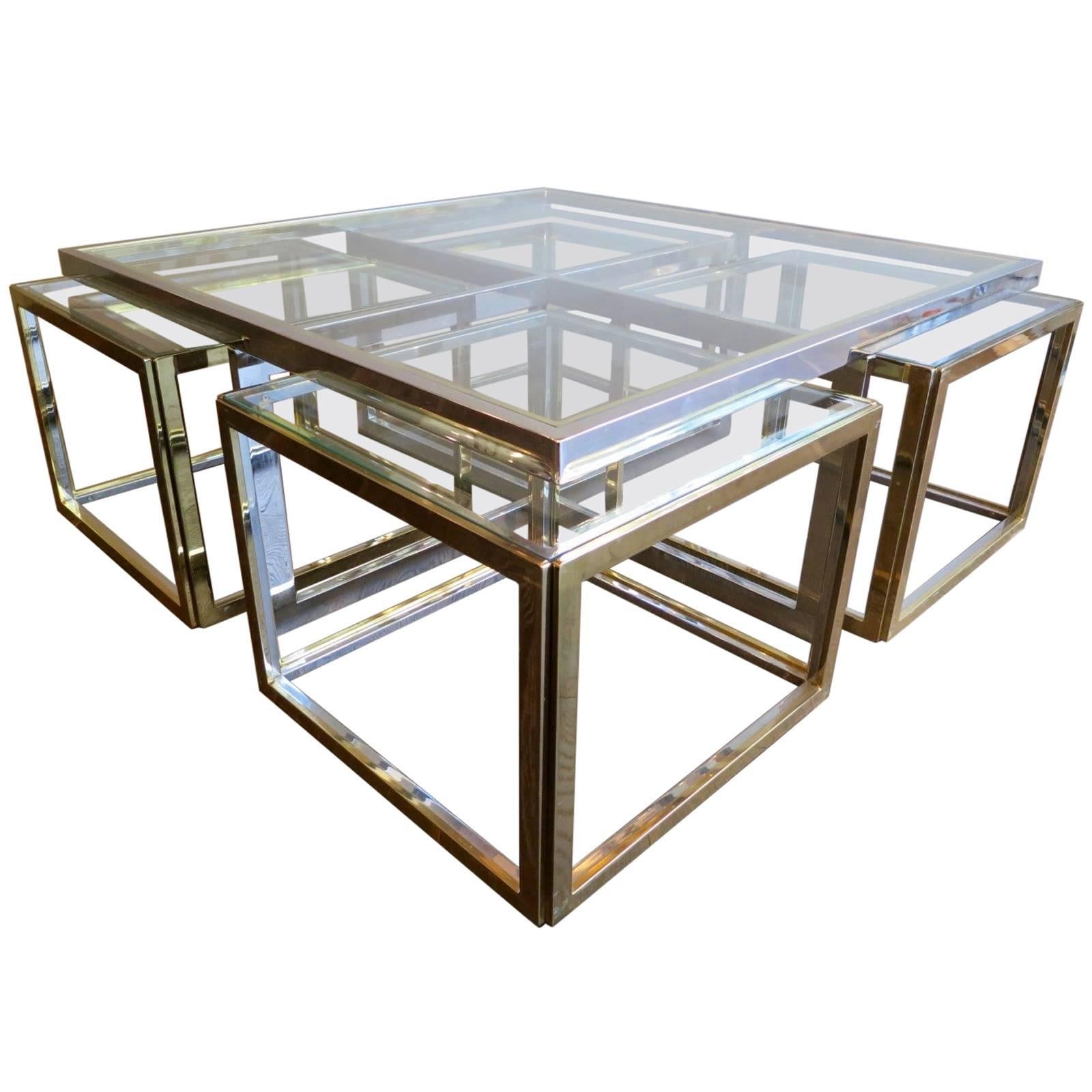 Large Square Coffee Table in Brass and Chrome by Jean Charles