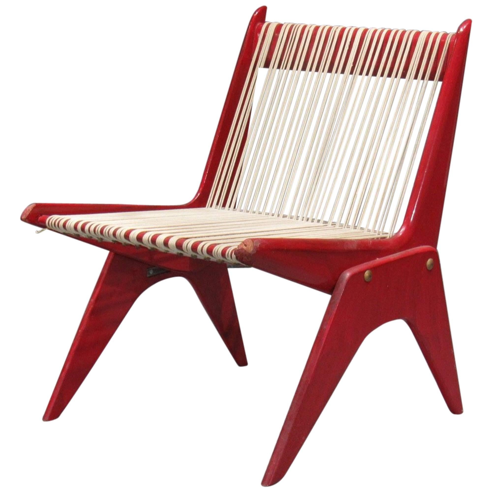 Red Painted Wood and Rope Scissor Chair