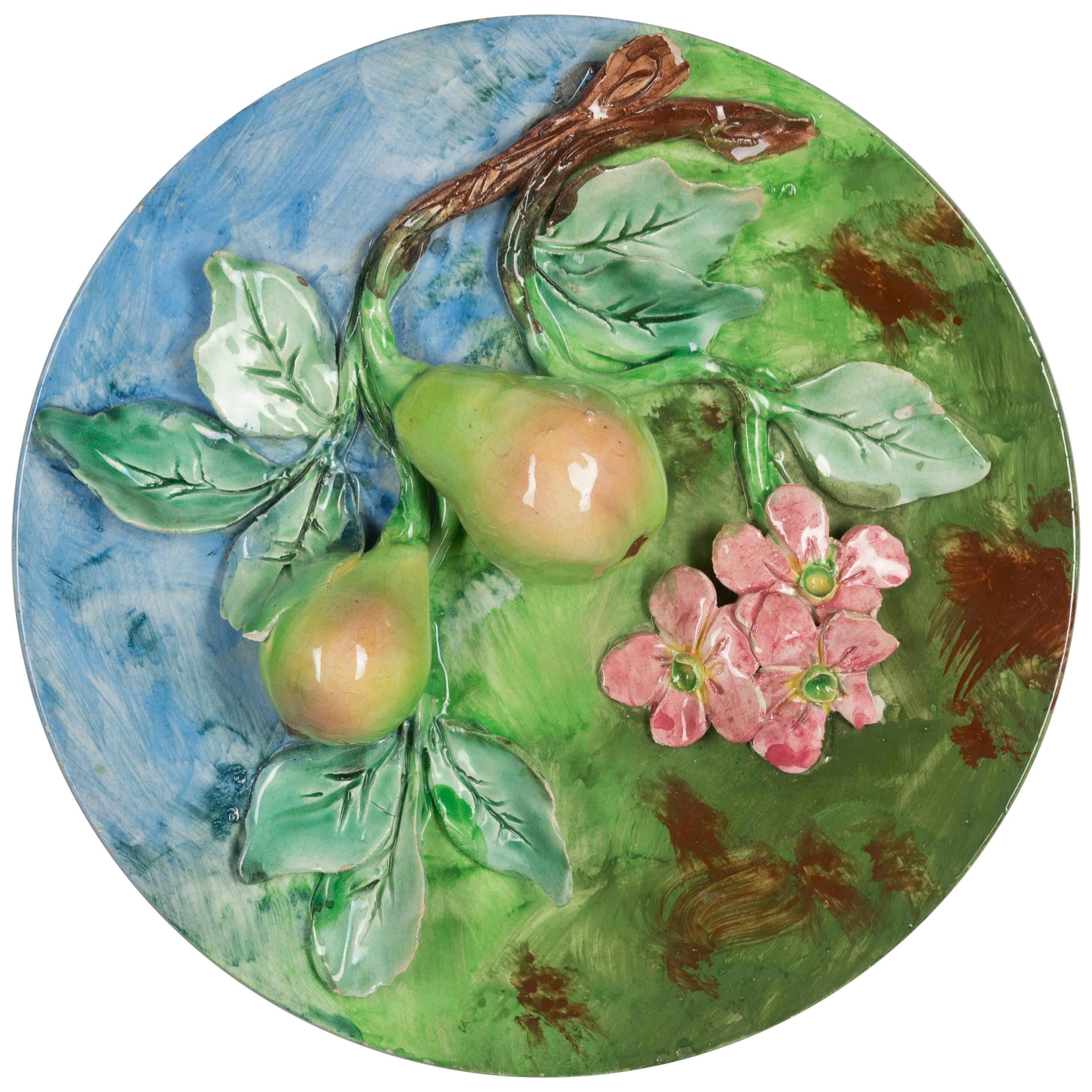 French majolica or Barbotine Wall Platter with Pears
