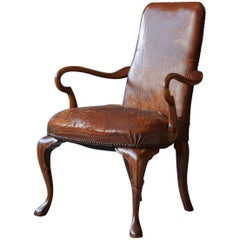 George III Style Solid Mahogany and Distressed Worn Leather Desk Armchair