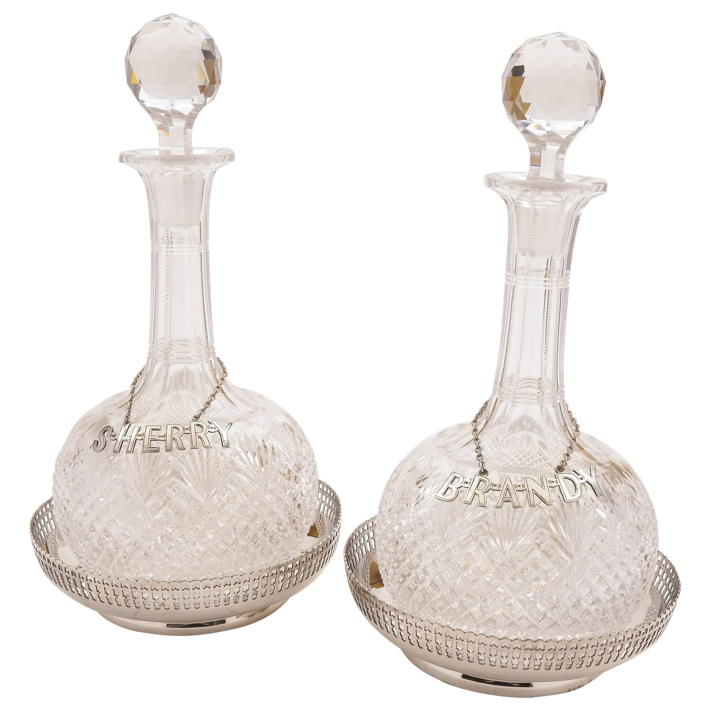 Pair of Cut Glass Decanters with Coasters, circa 1890 For Sale