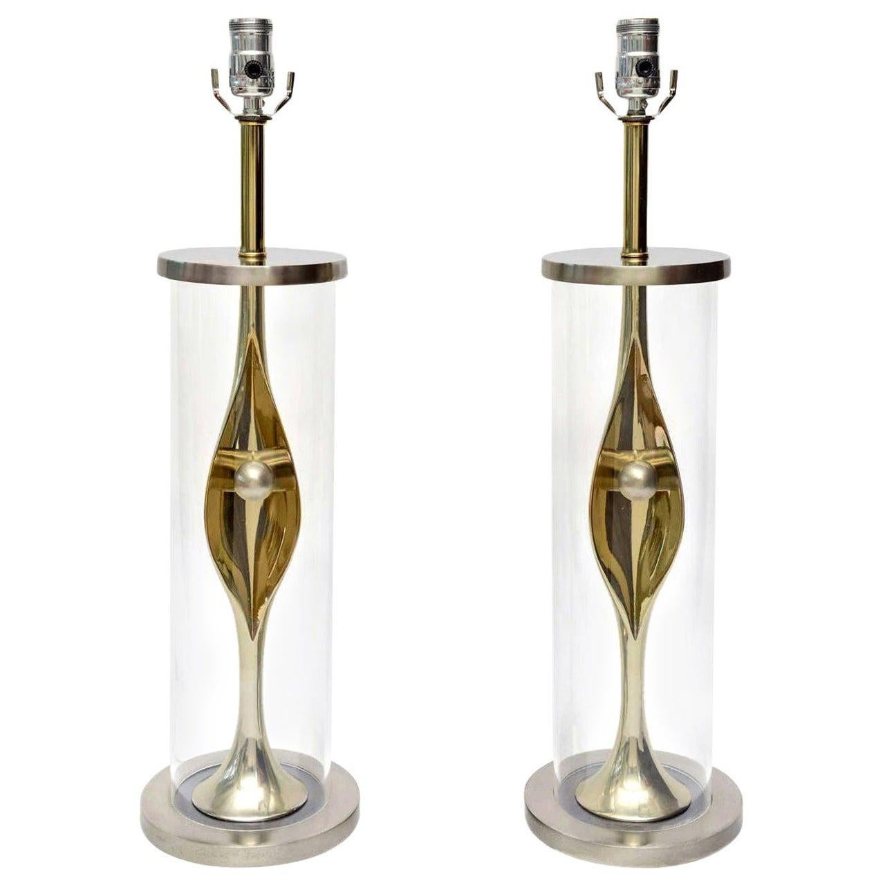 Laurel Sculptural Silver, Brass and Lucite Lamps Mid-Century Modern Lamps Pair 